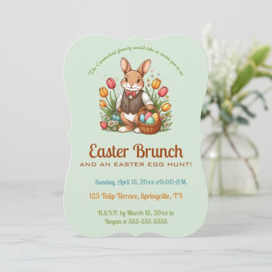 Editable Easter Brunch Egg Hunt Bunny and Tulips 招待状 (スタンド正面)