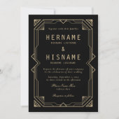 Editable Elegant Black Art Deco QR RSVP Wedding 招待状 (正面)