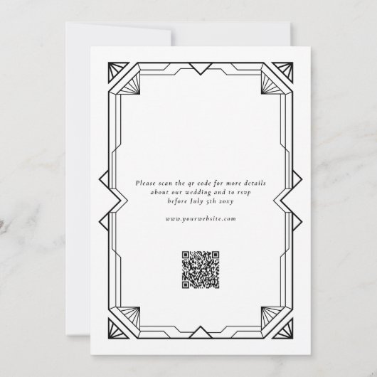 Editable Elegant Black Art Deco QR RSVP Wedding 招待状 (裏面)
