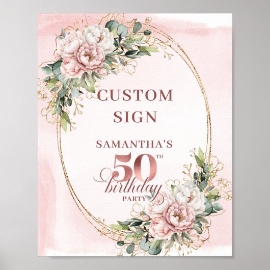 Editable Elegant Blush Floral 50th Birthday Custom ポスター (正面)