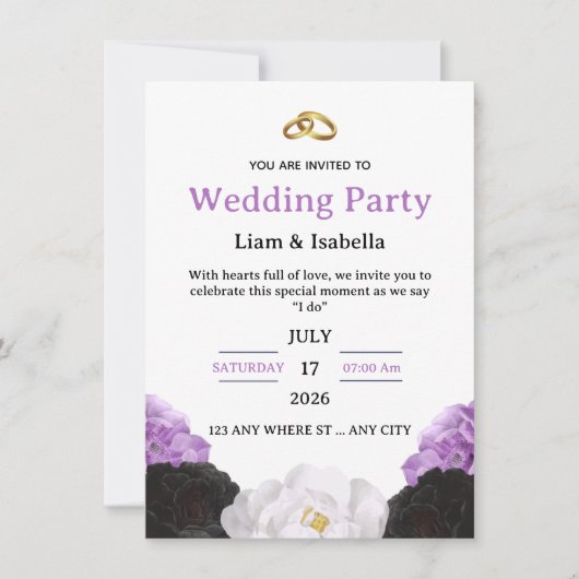 Editable Elegant Purple Floral Wedding Invitation 招待状 (正面)