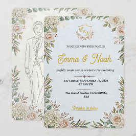 Editable Elegant Sage Gold Wedding Invitation 招待状