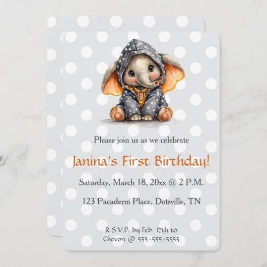 Editable Elephant in Polka Dots Birthday 招待状 (正面/裏面)