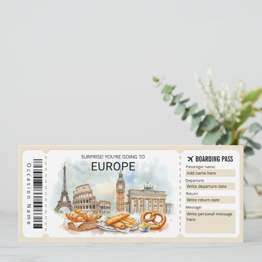 Editable Europe Trip Boarding Pass Ticket 招待状 (スタンド正面)