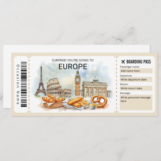 Editable Europe Trip Boarding Pass Ticket 招待状 (正面/裏面)