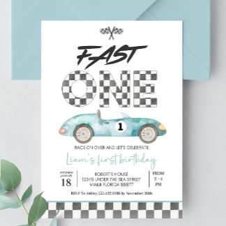 Editable Fast ONE Birthday Invitation Race Car 1st 招待状