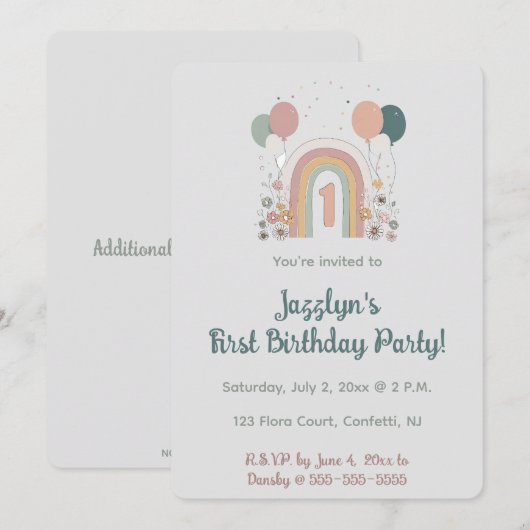  Editable First Birthday Party Invitation 招待状 (正面/裏面)