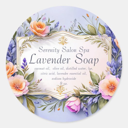 Editable Garden Flowers Lavender Soap ラウンドシール (正面)