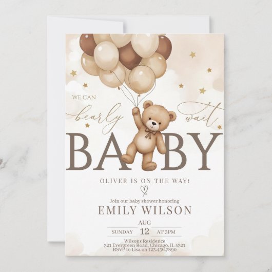 EDITABLE Gender Neutral Bear Baby Shower Invitatio 招待状 (正面)