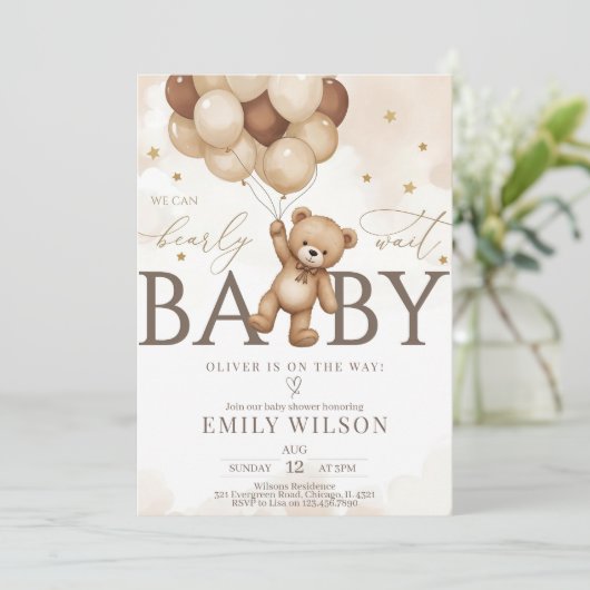 EDITABLE Gender Neutral Bear Baby Shower Invitatio 招待状 (スタンド正面)
