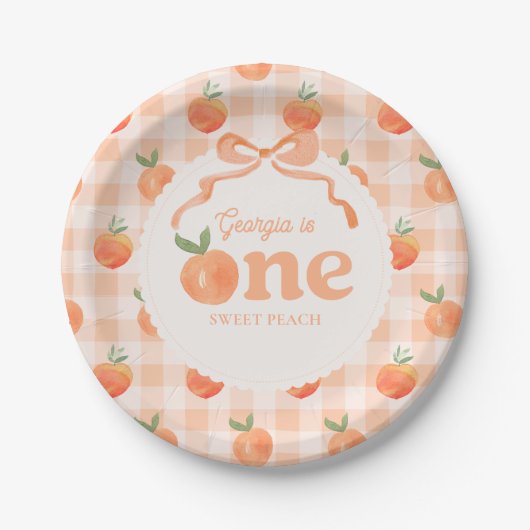 Editable Gingham Peach Paper Plates ペーパープレート (正面)