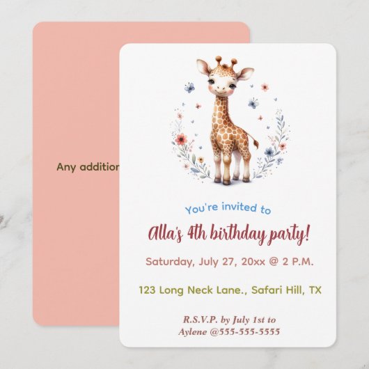 Editable Giraffe Flowers and Butterflies 招待状 (正面/裏面)