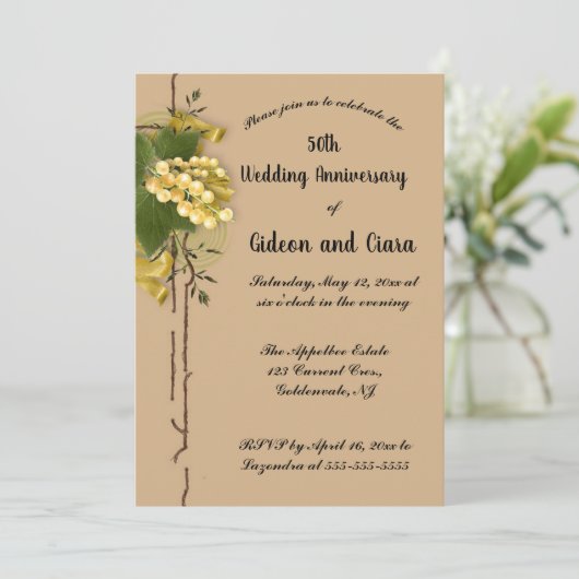 Editable Gold Currants Ribbon Golden Anniversary 招待状 (スタンド正面)