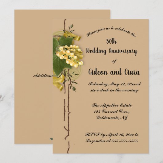 Editable Gold Currants Ribbon Golden Anniversary 招待状 (正面/裏面)
