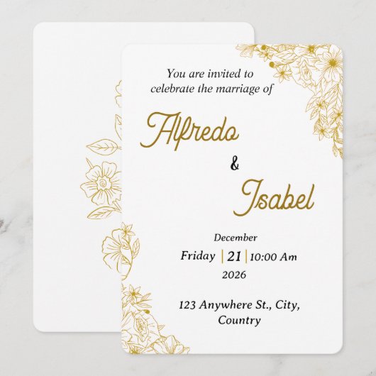 Editable Gold Floral Wedding Invitation Template 招待状 (正面/裏面)