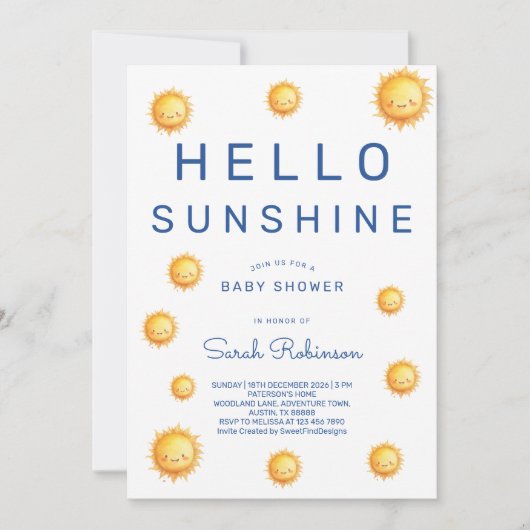 Editable Hello Sunshine Baby Shower 招待状 (正面)