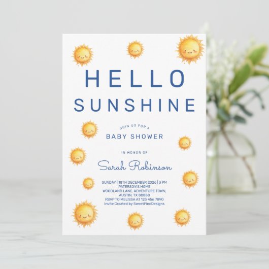 Editable Hello Sunshine Baby Shower 招待状 (スタンド正面)