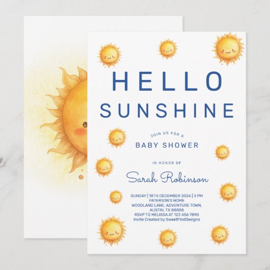 Editable Hello Sunshine Baby Shower 招待状 (正面/裏面)