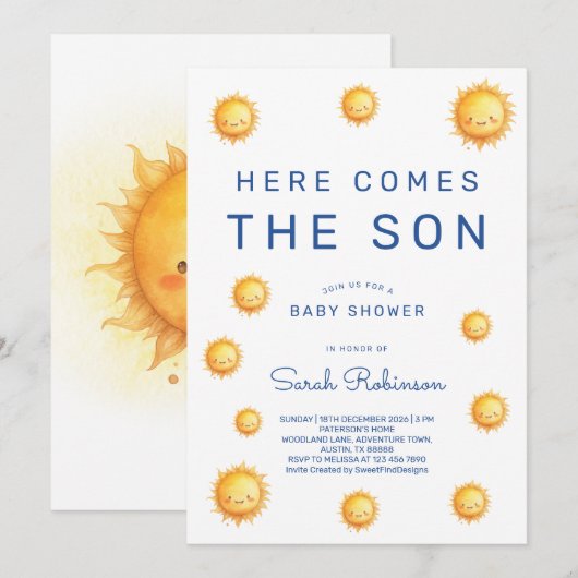 Editable Here Comes The Son Baby Shower 招待状 (正面/裏面)
