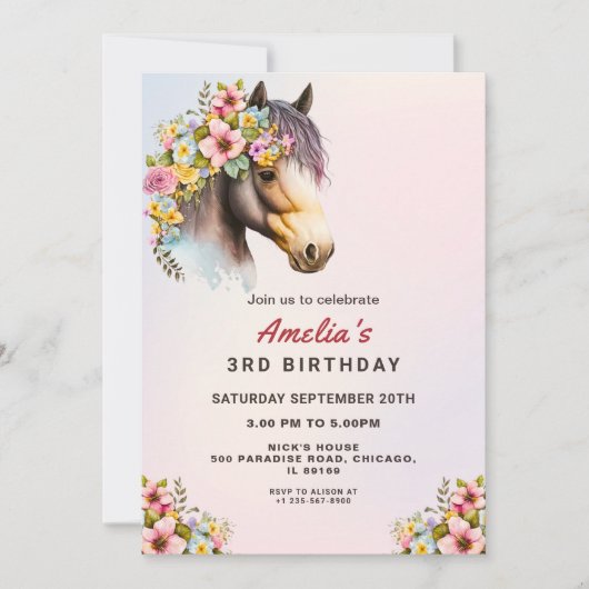 Editable Horse Birthday Invitation for Girls 招待状 (正面)