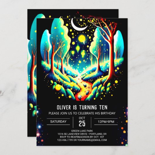 Editable Into the Woods Firefles誕生日 招待状 (正面/裏面)