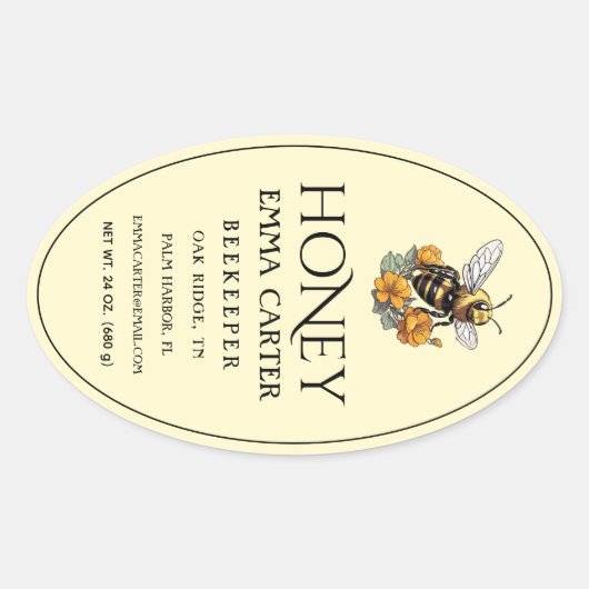 Editable Ivory 24 oz Queenline Honey Label 楕円形シール (正面)