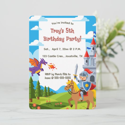 Editable Knight Castle Dragon Birthday 招待状 (スタンド正面)