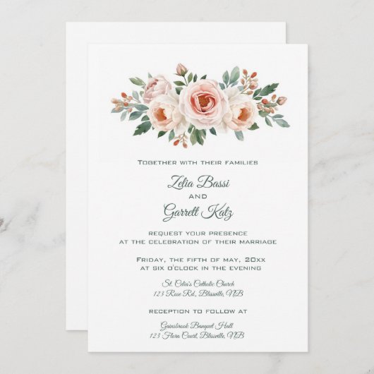 Editable Light Pink Roses  招待状 (正面/裏面)