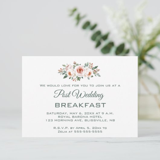 Editable Light Pink Roses Post Wedding Breakfast 出欠カード (スタンド正面)