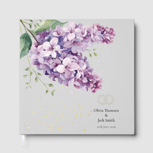 Editable Lilac Floral and Gold Wedding Guestbook ゲストブック (正面)