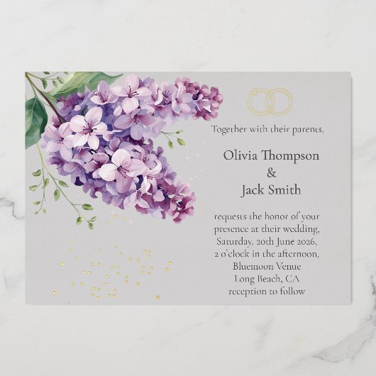 Editable Lilac Floral Invitation, Floral and Gold 箔招待状 (正面)
