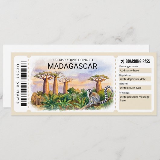 Editable Madagascar Trip Boarding Pass Ticket 招待状 (正面/裏面)