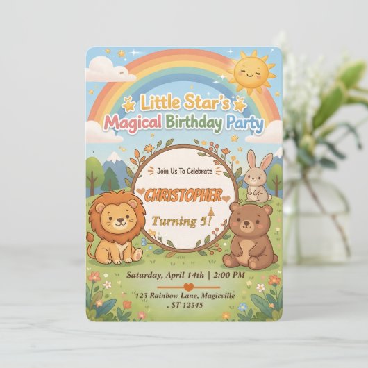Editable Magical Forest Animals Birthday Invite 招待状 (スタンド正面)