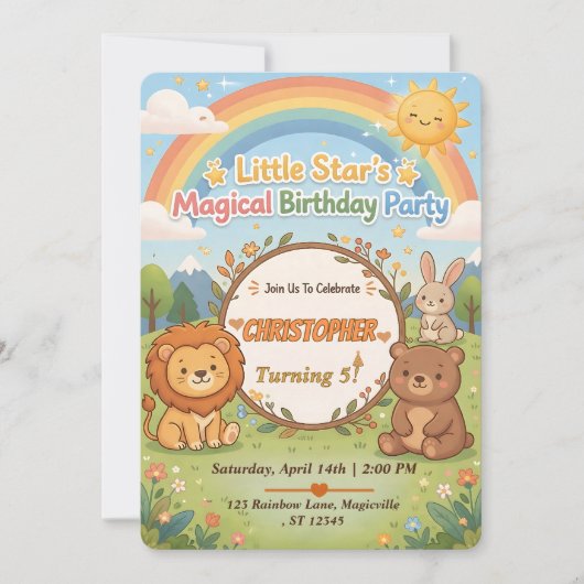 Editable Magical Forest Animals Birthday Invite 招待状 (正面)