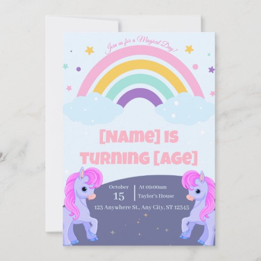 Editable Magical Unicorn Birthday Invitation 招待状 (正面)
