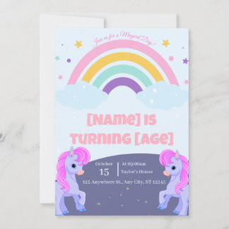 Editable Magical Unicorn Birthday Invitation 招待状
