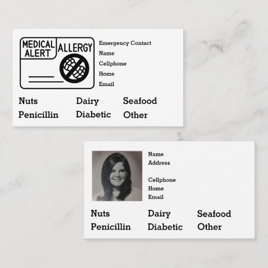 Editable Medical Alert Allergy Emergency 名刺 (正面/裏面)