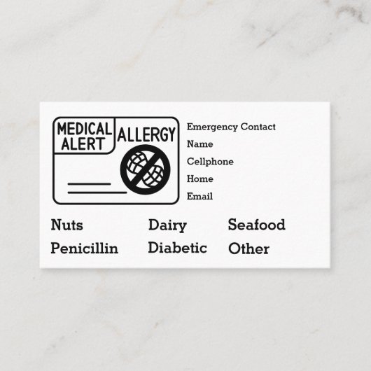 Editable Medical Alert Allergy Emergency 名刺 (正面)