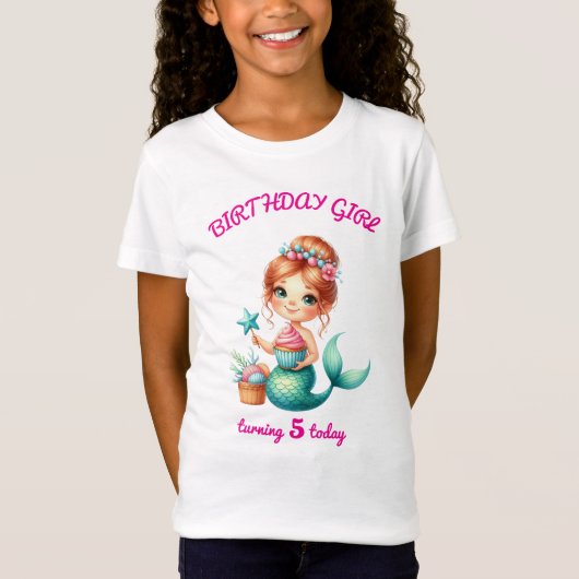 Editable Mermaid Birthday Girl T-Shirt Cusrom Age Tシャツ (正面)