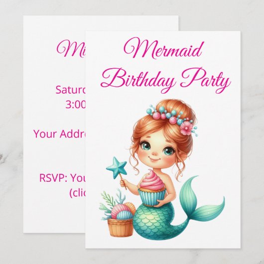 Editable Mermaid Birthday Invitation 🧜‍♀️✨  招待状 (正面/裏面)