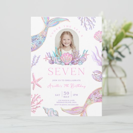 Editable Mermaid Invite 7 Year Old With Picture  招待状 (スタンド正面)