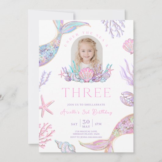 Editable Mermaid Tail 3rd Birthday Invite Glitter  招待状 (正面)