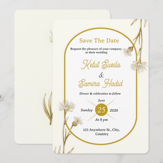 Editable Minimalist Gold Botanical Wedding Invite 招待状 (正面/裏面)