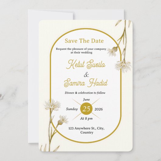 Editable Minimalist Gold Botanical Wedding Invite 招待状 (正面)