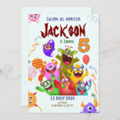 Editable Monster Birthday Party Invitation Card セーブザデート (正面/裏面)