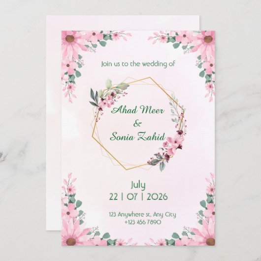 Editable Muslim wedding invitation Floral 招待状 (正面/裏面)