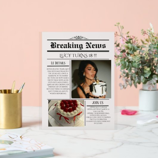 Editable Newspaper Birthday Invitation Template  アクリルサイン (ウェディング)