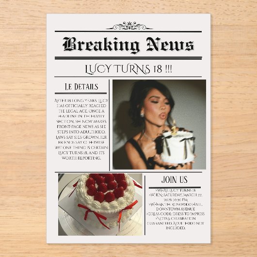Editable Newspaper Birthday Invitation Template  アクリル招待状 (正面)