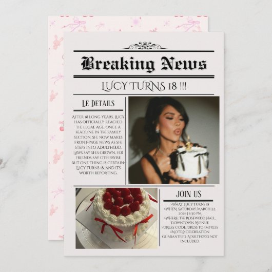 Editable Newspaper Birthday Invitation Template 招待状 (正面/裏面)