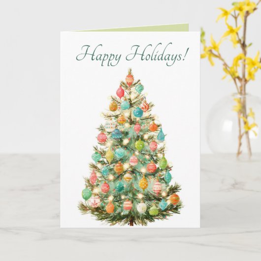 Editable Pastel Christmas Tree Happy Holidays カード (黄色い花)